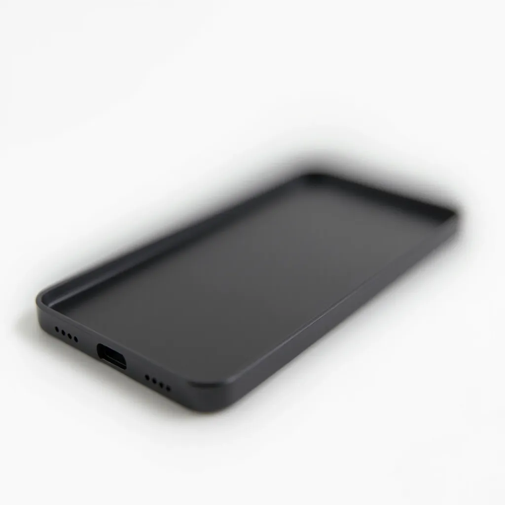 Midnight black anodized aluminum bumper frame displayed on white background, showing front view and 45-degree angle revealing slim profile and threaded attachment points
